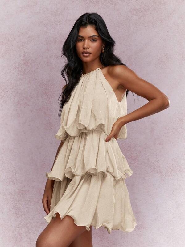 missguided MISSGUIDED Tiered Ruffle Halter Neck Mini Dress