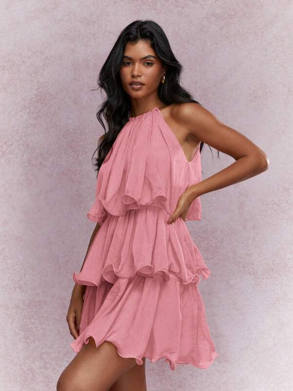 missguided MISSGUIDED Tiered Ruffle Halter Neck Mini Dress