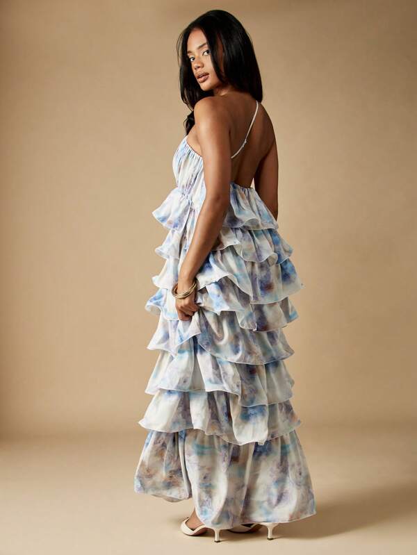 Missguided MISSGUIDED Tiered Ruffle Maxi Dress With Watercolor Print