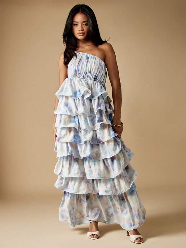 Missguided MISSGUIDED Tiered Ruffle Maxi Dress With Watercolor Print