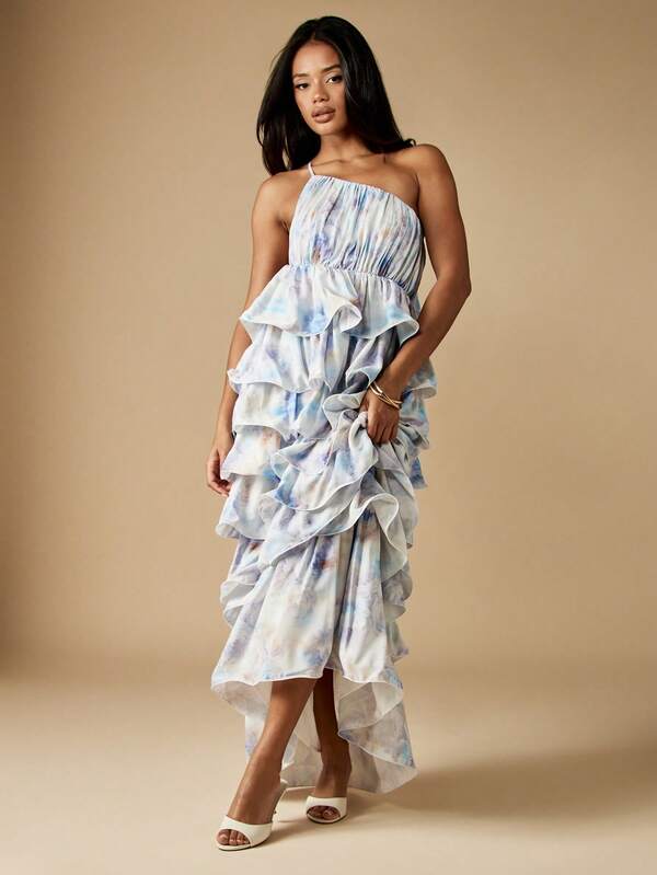 missguided MISSGUIDED Tiered Ruffle Maxi Dress With Watercolor Print