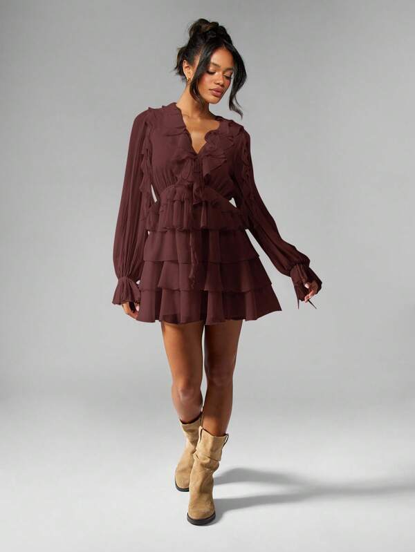 Missguided MISSGUIDED Tiered Ruffle Mini Dress With Balloon Sleeves