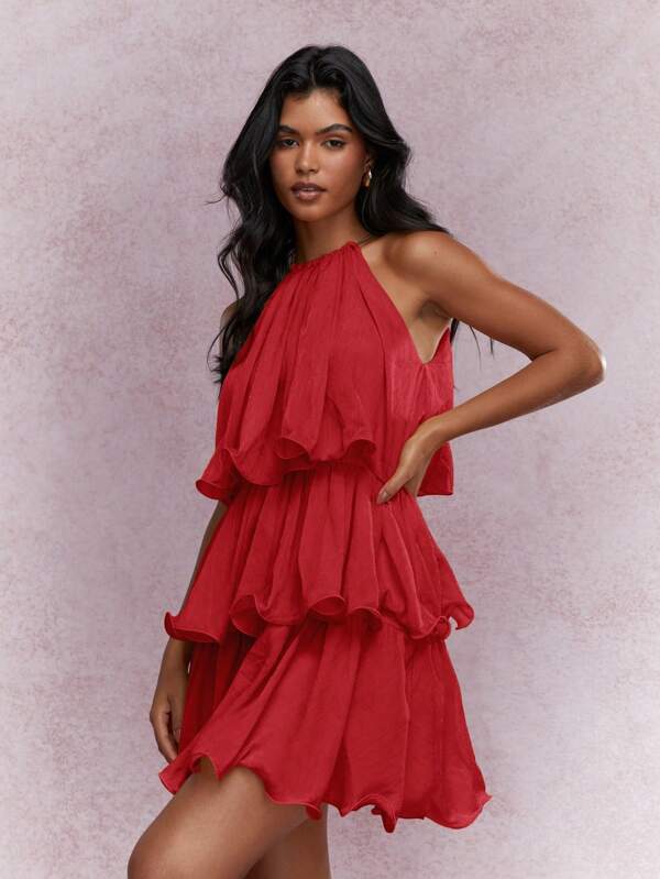 missguided MISSGUIDED Tiered Ruffle Mini Dress With Halter Neckline