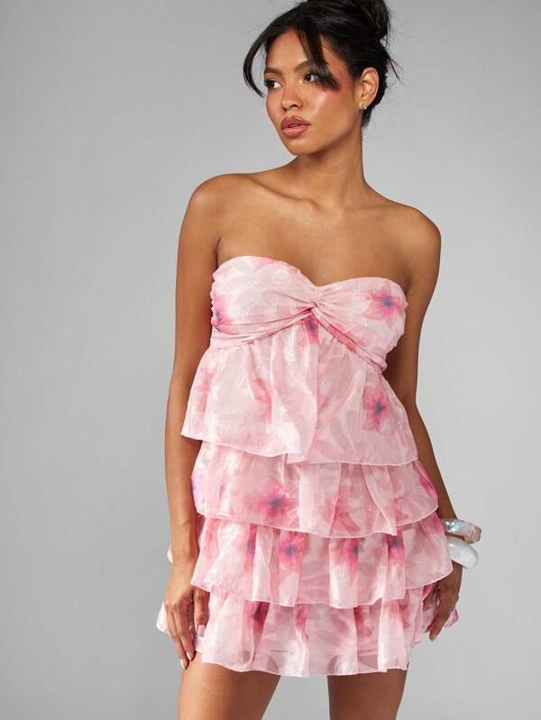 missguided MISSGUIDED Tiered Ruffle Mini Dress With Sweetheart Neckline And Empire Waist