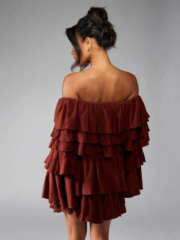 Missguided MISSGUIDED Tiered Ruffle Off Shoulder Long Sleeve Mini Skater Dress