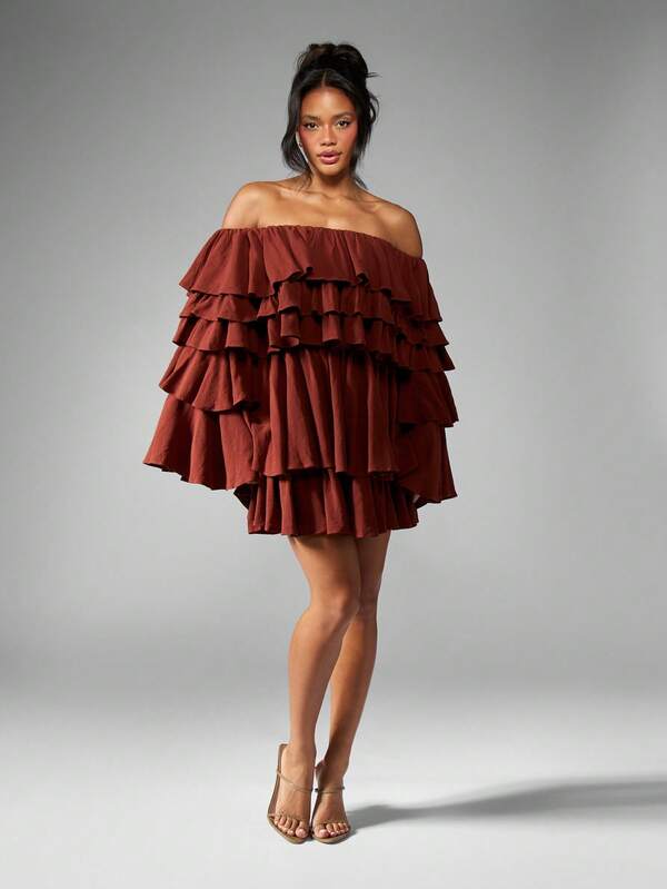 Missguided MISSGUIDED Tiered Ruffle Off Shoulder Long Sleeve Mini Skater Dress