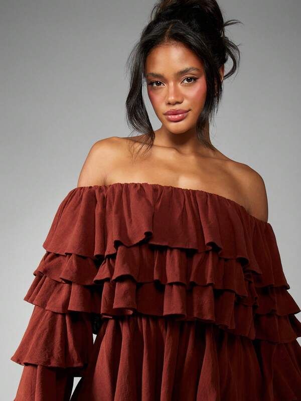 Missguided MISSGUIDED Tiered Ruffle Off Shoulder Long Sleeve Mini Skater Dress