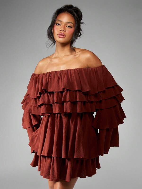 missguided MISSGUIDED Tiered Ruffle Off Shoulder Long Sleeve Mini Skater Dress