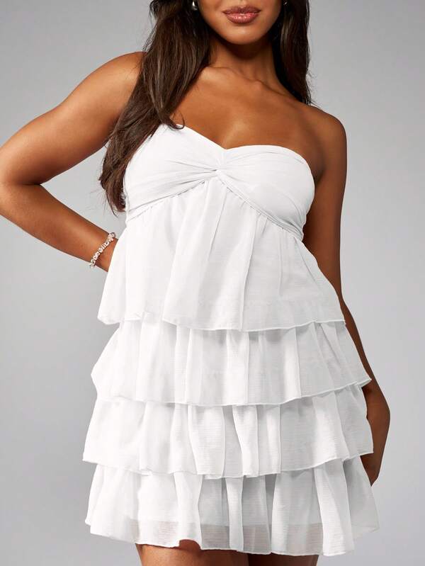 Missguided MISSGUIDED Tiered Ruffle Strapless Empire Waist Sweetheart Neckline Mini Dress