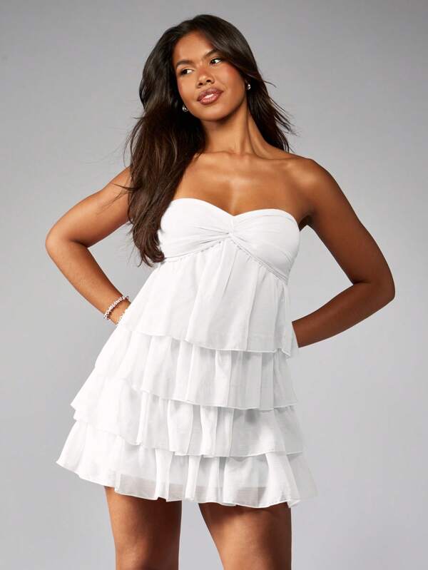 missguided MISSGUIDED Tiered Ruffle Strapless Empire Waist Sweetheart Neckline Mini Dress