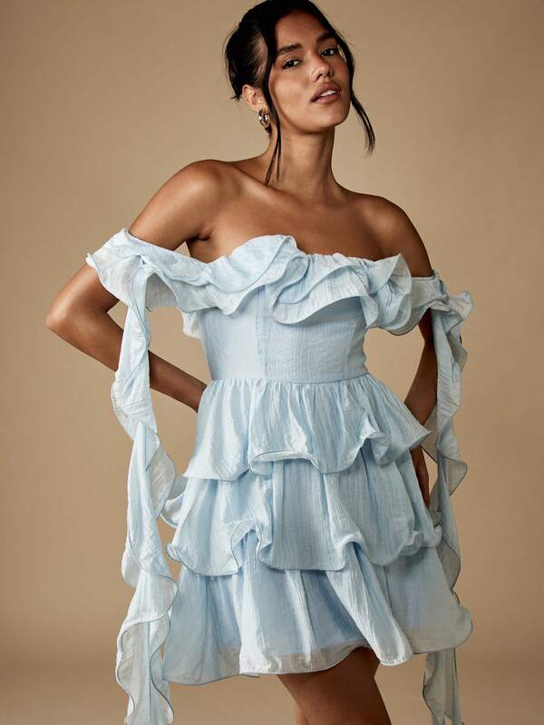 Missguided MISSGUIDED Tiered Ruffled Mini Dress With Off Shoulder Neckline