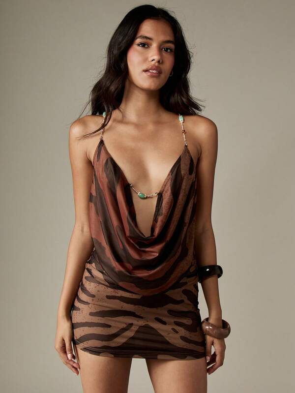 Missguided MISSGUIDED Tiger Print Mini Dress With Chain Straps And Cowl Neck