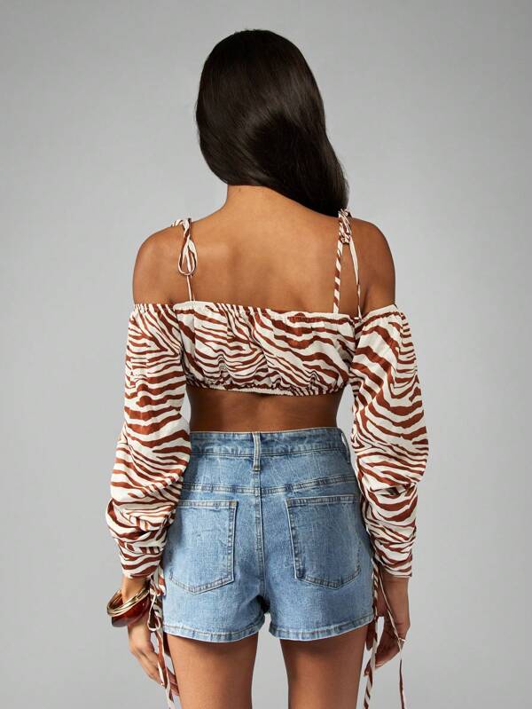 Missguided MISSGUIDED Tiger Print Off Shoulder Puff Sleeve Crop Top