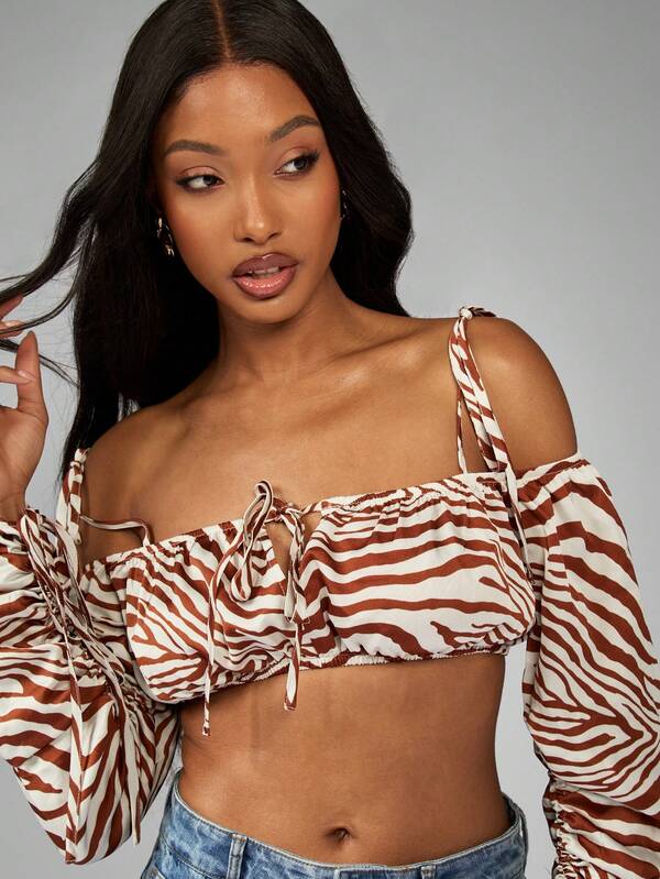 Missguided MISSGUIDED Tiger Print Off Shoulder Puff Sleeve Crop Top