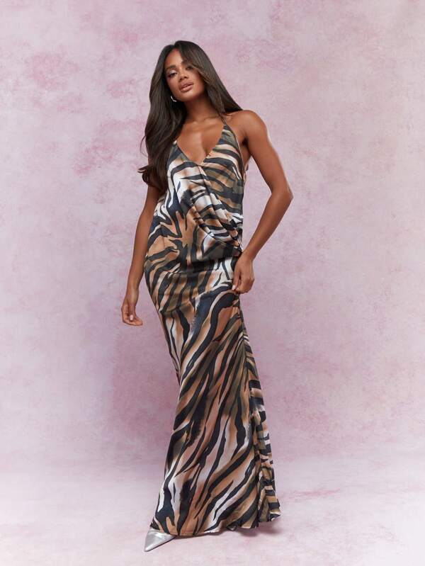 missguided MISSGUIDED Tiger Print Plunge Halter Neck Backless Maxi Dress