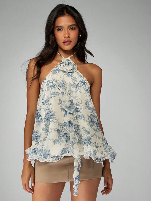 missguided MISSGUIDED Toile Print Halter Neck Ruffle Layered Top
