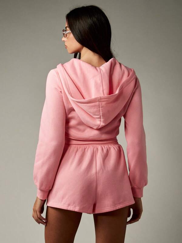 Missguided MISSGUIDED Tracksuit Short Set Hooded Zip Through Crop Top And High Waist Bottoms