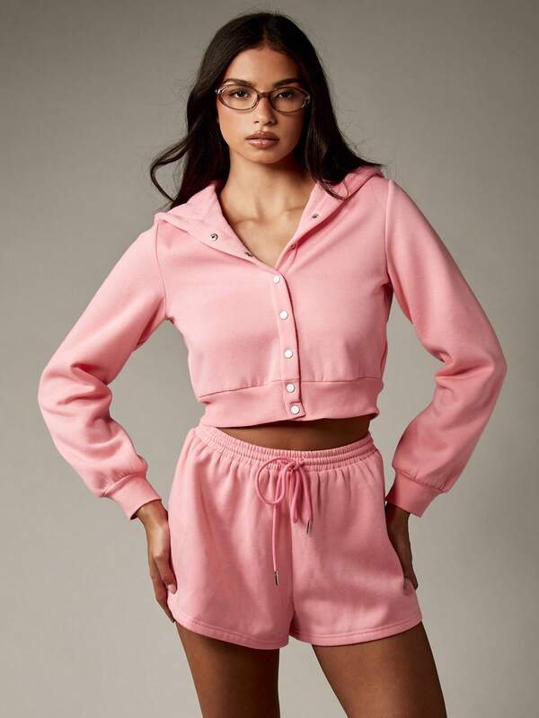 Missguided MISSGUIDED Tracksuit Short Set Hooded Zip Through Crop Top And High Waist Bottoms