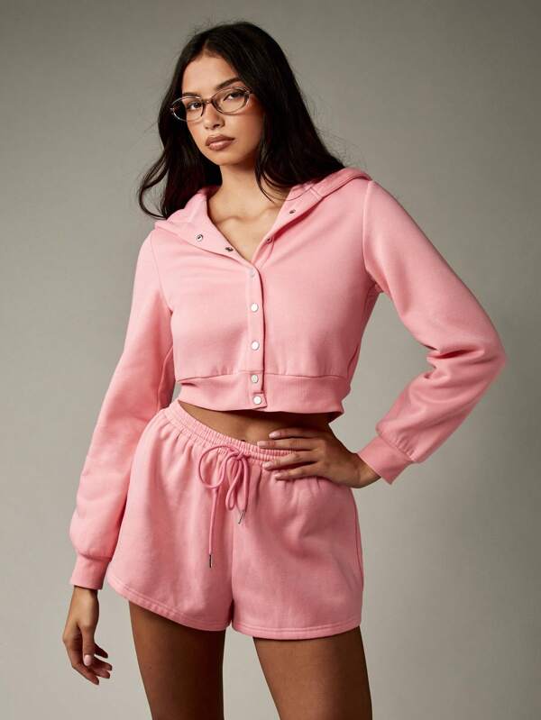 missguided MISSGUIDED Tracksuit Short Set Hooded Zip Through Crop Top And High Waist Bottoms