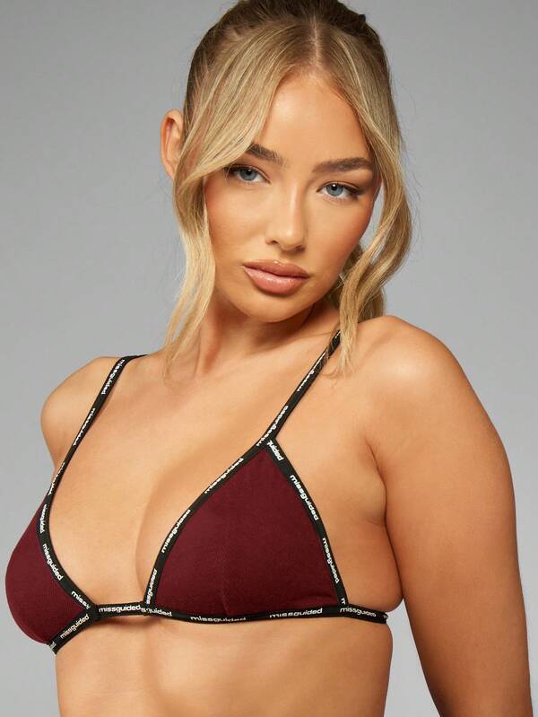 Missguided MISSGUIDED Triangle Bra And Thong Set With Logo Tape