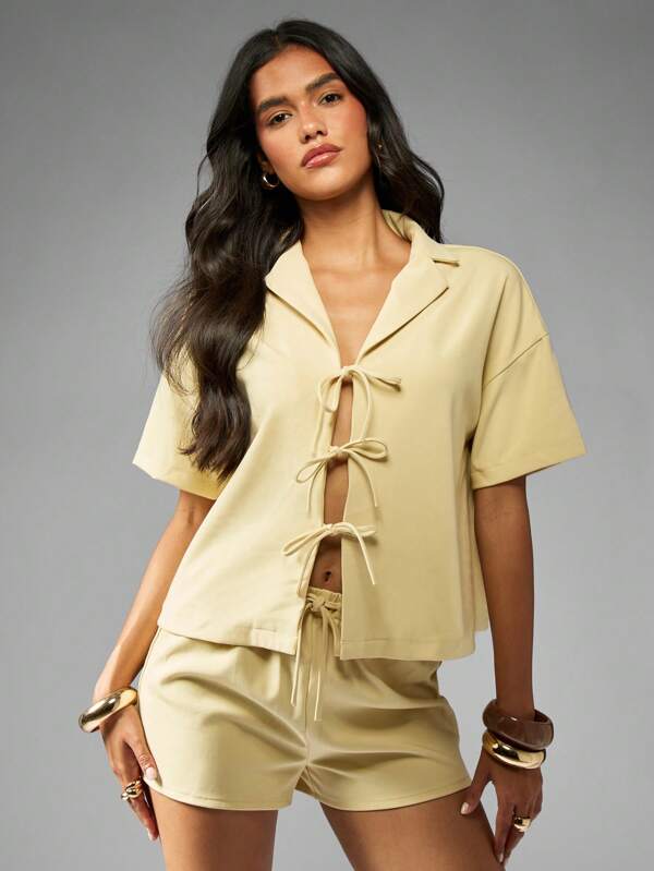 missguided MISSGUIDED Triple Bow Tie Front Top And High Waist Shorts