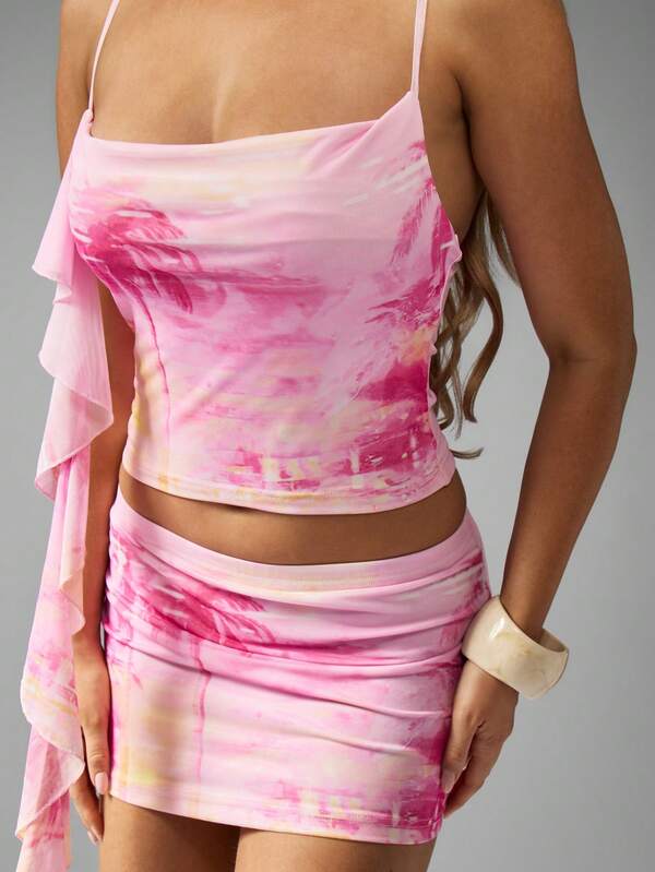 Missguided MISSGUIDED Tropical Paradise Print Ruffled Side Cami Top Co-Ord Set
