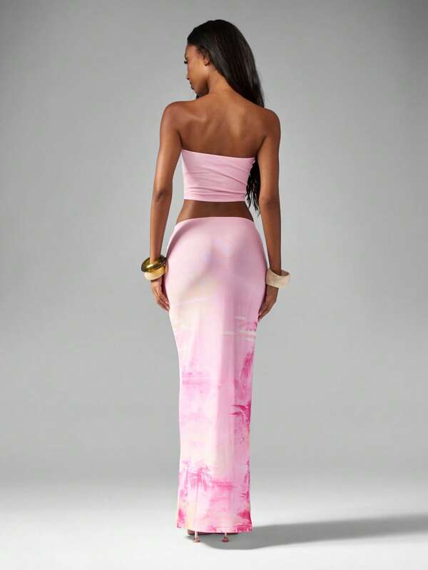 Missguided MISSGUIDED Tropical Print Bandeau Top With Matching Maxi Skirt