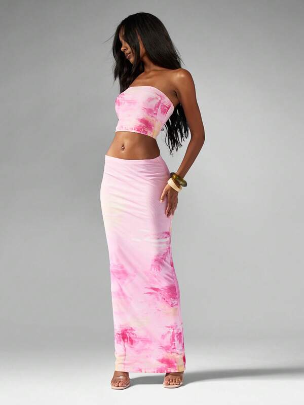 Missguided MISSGUIDED Tropical Print Bandeau Top With Matching Maxi Skirt