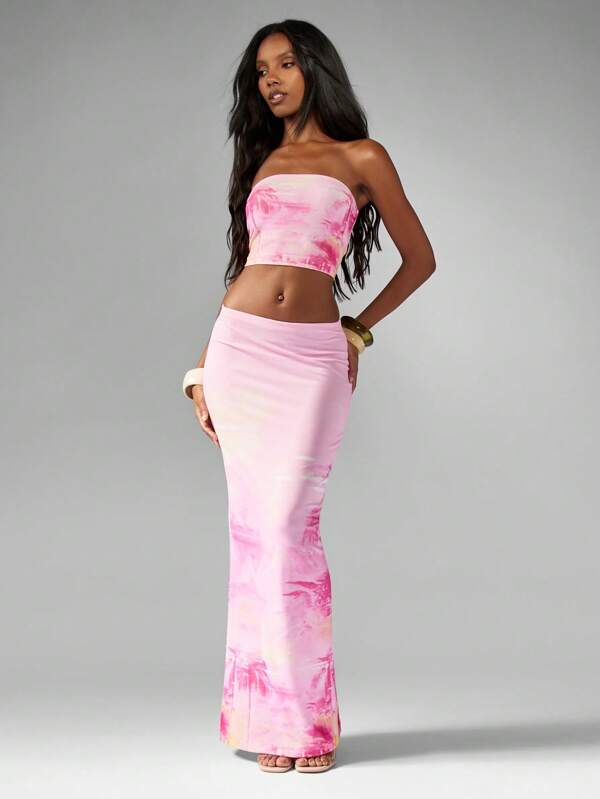 missguided MISSGUIDED Tropical Print Bandeau Top With Matching Maxi Skirt