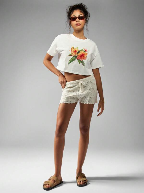 Missguided MISSGUIDED Tropical Print Crop Short Sleeve T-Shirt