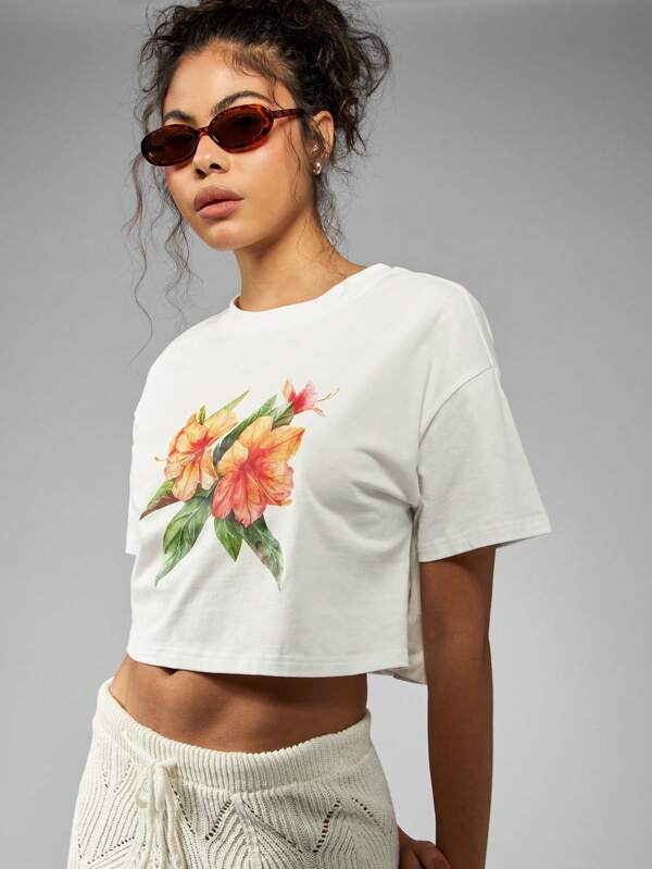 Missguided MISSGUIDED Tropical Print Crop Short Sleeve T-Shirt