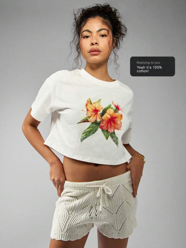 missguided MISSGUIDED Tropical Print Crop Short Sleeve T-Shirt