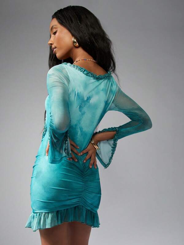 Missguided MISSGUIDED Turquoise Cut Out Mini Dress With Ruffle Trim Long Sleeve Mesh