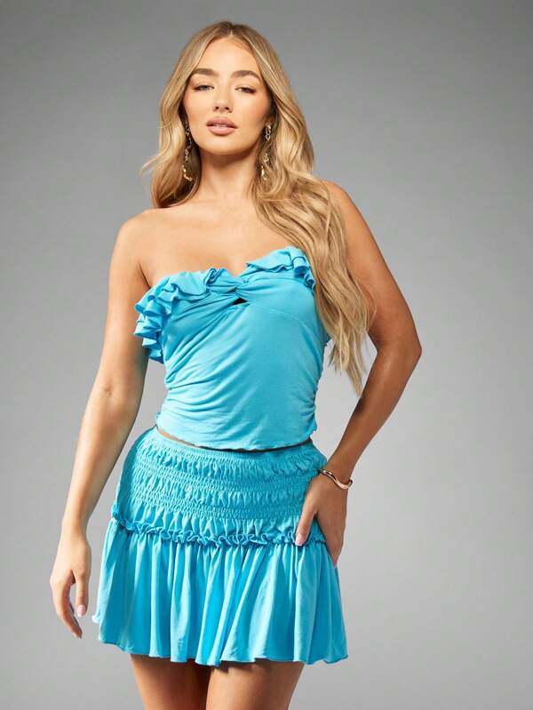 missguided MISSGUIDED Turquoise Ruffle Bandeau Crop Top Smocked Mini Skirt Set