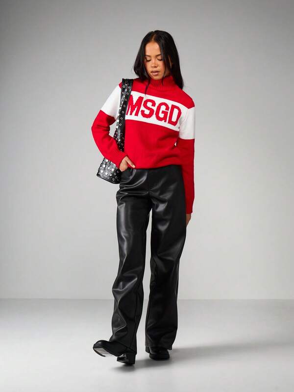 Missguided MISSGUIDED Turtleneck Color Block Knit Sweater With Logo