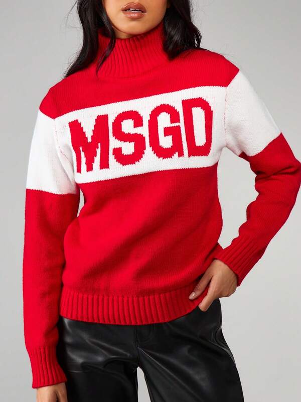 Missguided MISSGUIDED Turtleneck Color Block Knit Sweater With Logo