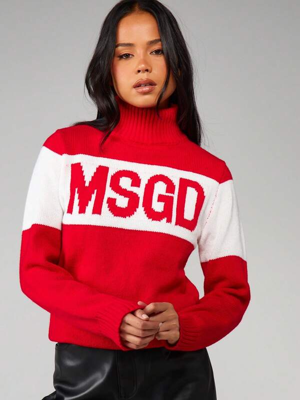 missguided MISSGUIDED Turtleneck Color Block Knit Sweater With Logo missguided MISSGUIDED Turtleneck Color Block Knit Sweater With Logo