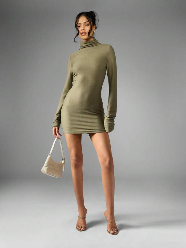 Missguided MISSGUIDED Turtleneck Long Sleeve Ribbed Bodycon Mini Dress