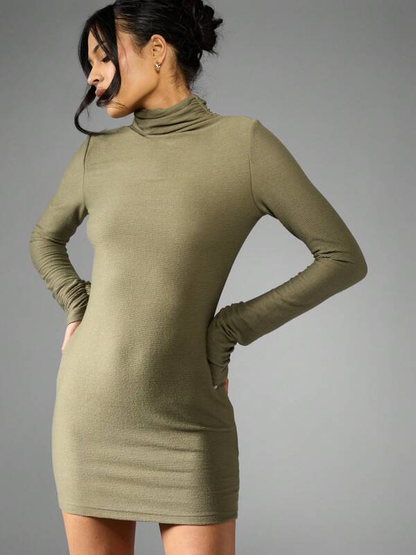 missguided MISSGUIDED Turtleneck Long Sleeve Ribbed Bodycon Mini Dress