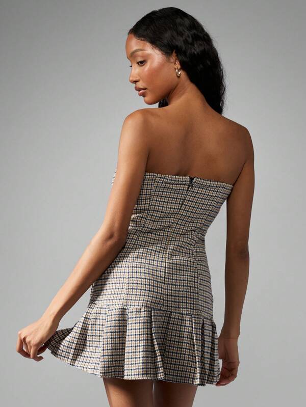 Missguided MISSGUIDED Tweed Pleated Hem Drop Waist Bodycon Bandeau Mini Dress