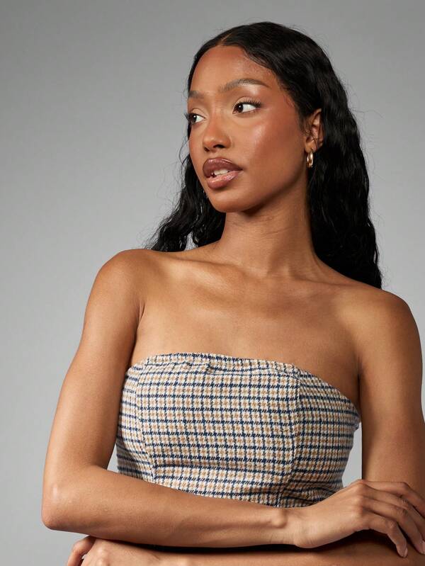 Missguided MISSGUIDED Tweed Pleated Hem Drop Waist Bodycon Bandeau Mini Dress