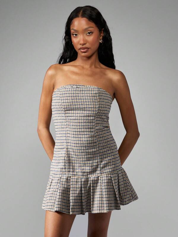 missguided MISSGUIDED Tweed Pleated Hem Drop Waist Bodycon Bandeau Mini Dress