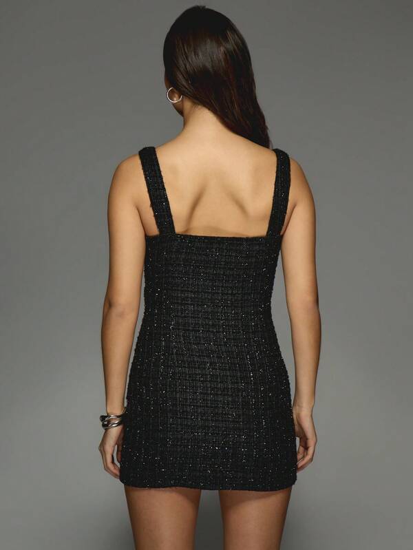 Missguided MISSGUIDED Tweed Scoop Neck Braid Closure Bodycon Tank Mini Dress With Pocket Detail