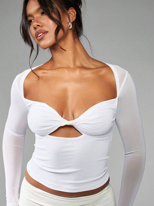Missguided MISSGUIDED Twist Front Long Sleeve Crop Square Neck Cut Out Slim Fit Women Tops