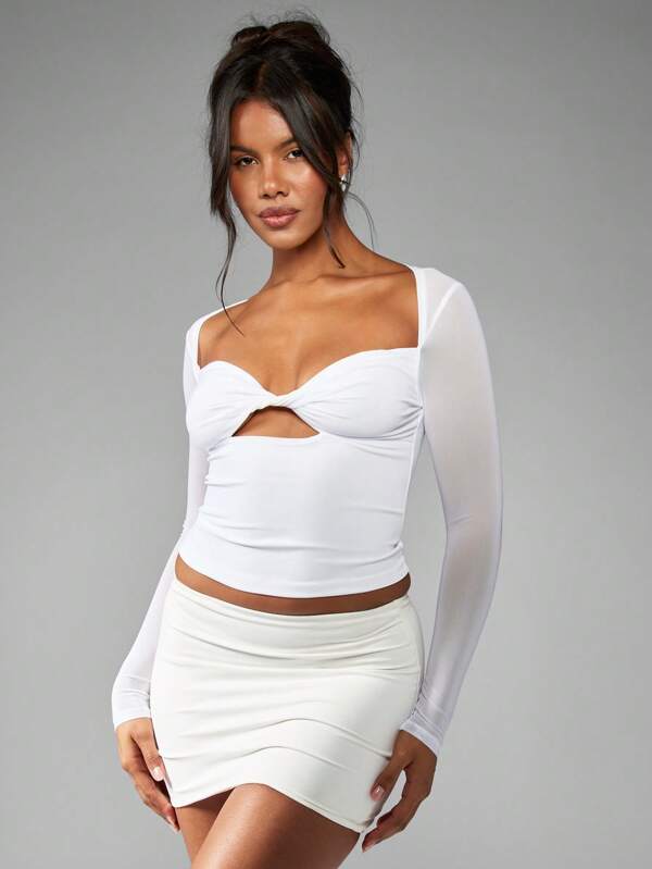 missguided MISSGUIDED Twist Front Long Sleeve Crop Square Neck Cut Out Slim Fit Women Tops