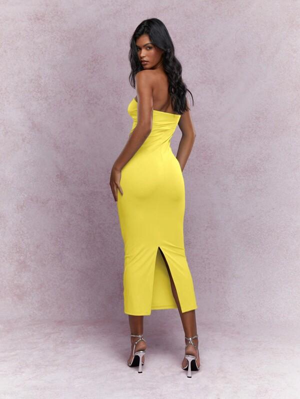 Missguided MISSGUIDED Twist Knot Bust Back Slit Hem Strapless Bandeau Long Dress