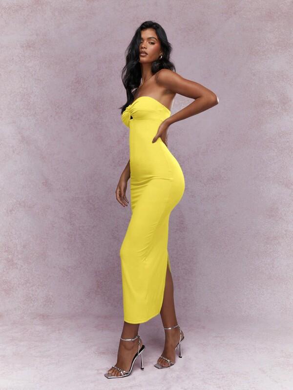 Missguided MISSGUIDED Twist Knot Bust Back Slit Hem Strapless Bandeau Long Dress