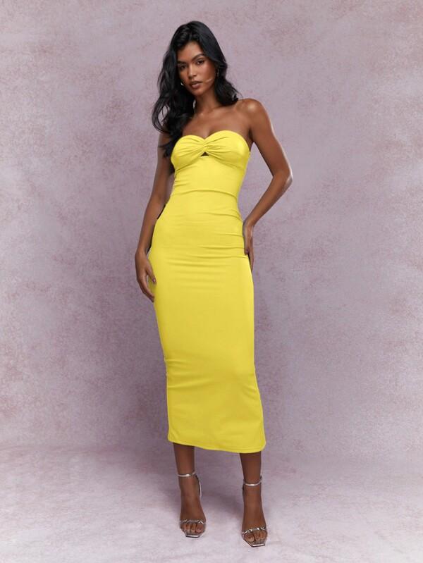 missguided MISSGUIDED Twist Knot Bust Back Slit Hem Strapless Bandeau Long Dress