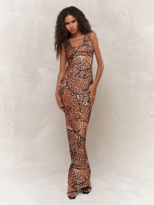 missguided MISSGUIDED Twist Knot Bust Leopard Print Sleeveless Bodycon Maxi Dress