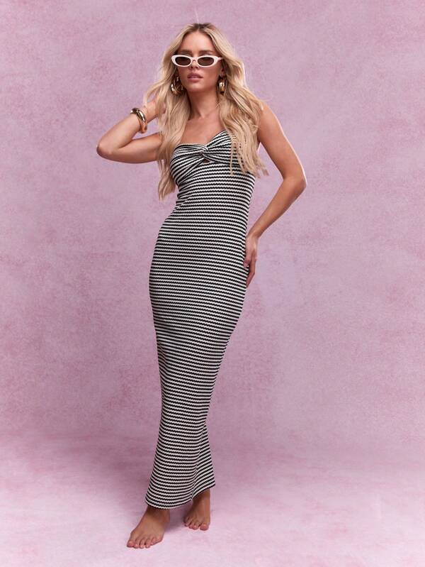 missguided MISSGUIDED Twist Knot Detail Bust Textured Stripe Ribbed Bandeau Bodycon Maxi Dress